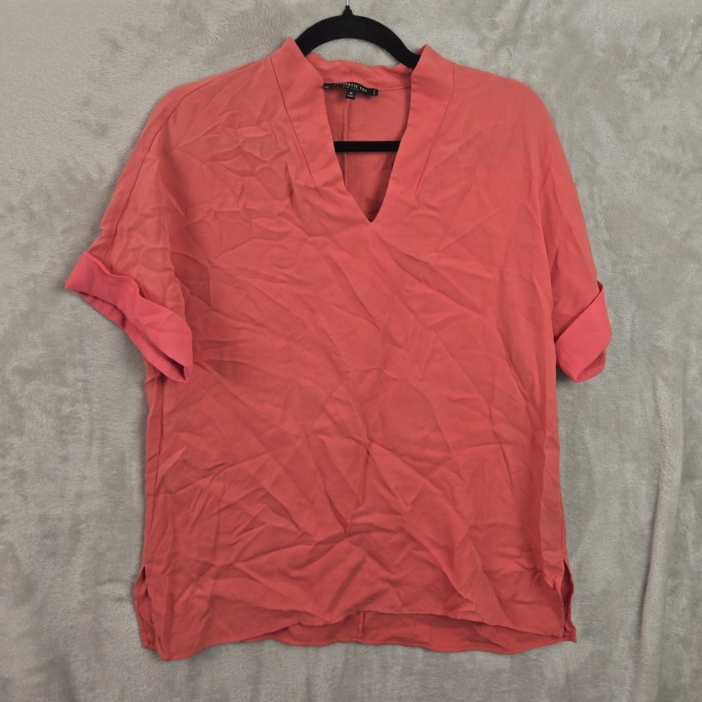 Lafayette 148 New York Petite Medium Coral Silk Blouse V-Neck Short Sleeve Top